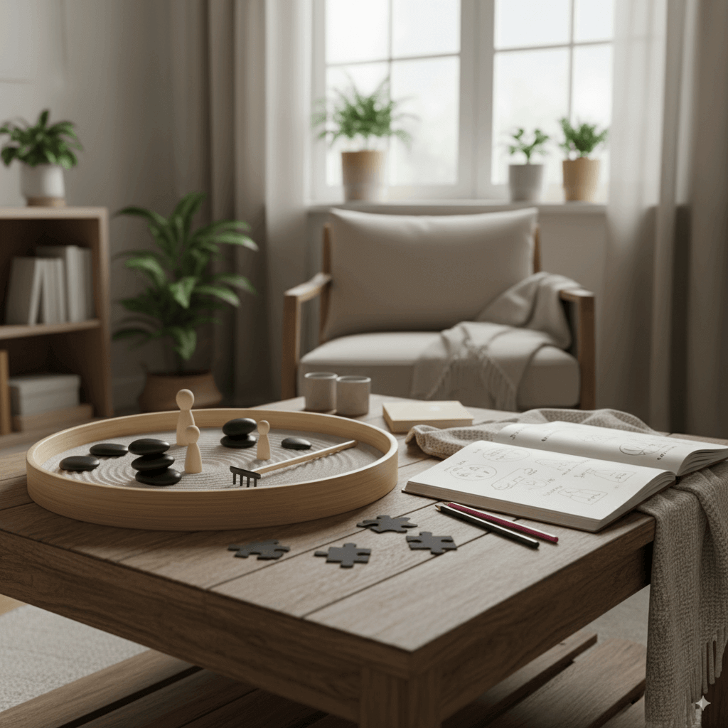 A collection of creative therapy materials like sand, small objects, and art supplies.